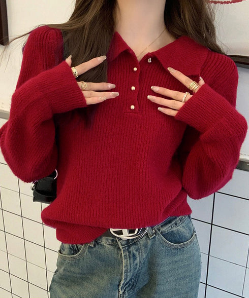 ポロカラーニットトップス ゴールドボタン ニットウェアレディース オフィスカジュアル 着回しニットセーター きれいめ ニットプルオーバー おしゃれ 長袖 春秋冬服 6MRENJ-012