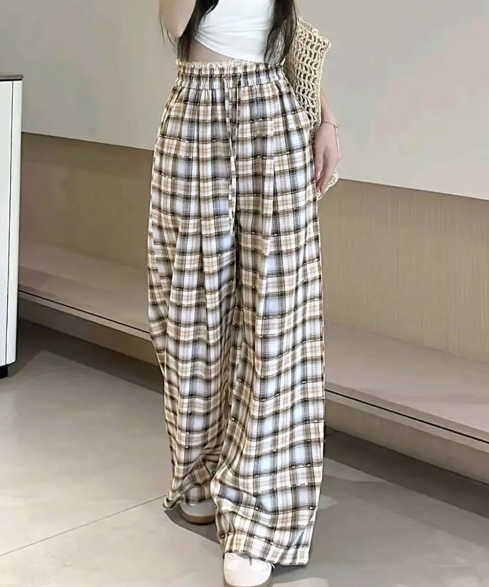 レースウエストチェック柄ワイドパンツ春夏 ベージュ