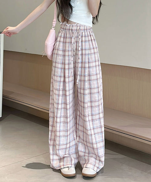レースウエストチェック柄ワイドパンツ春夏 ハイウエストイージーパンツ ウエストゴム リラックスパンツ楽ちん 大人カジュアル 美脚パンツ韓国風ストレートパンツお洒落 6QIANYING-003