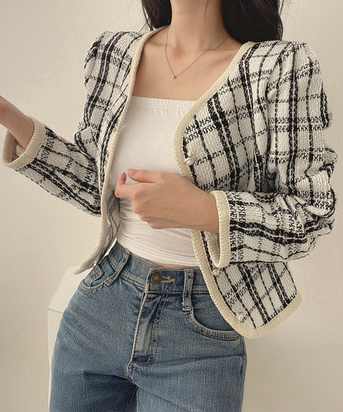 韓国風ツイードジャケット ライトアウター チェック柄ショートジャケットレディース カジュアル春秋上着 おしゃれ きれいめ 通勤服OL羽織り 着やせアウター 細見え 6QINGROU-002