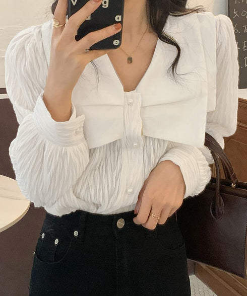 ビッグカラー ワッシャーブラウス 韓国風 ビッグリボン襟ブラウス レディース Vネックシャツブラウス 大人可愛い おしゃれプリーツブラウス上品清楚 パフ袖トップス 6QINGROU-003