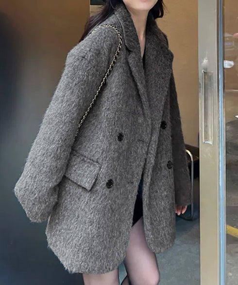 リッチシャギー ミドルコート レディース ダブルブレストジャケット 大人カジュアル テーラードコート ゆったりジャケット 秋冬アウター厚手 あったかアウター 上品 6QINGROU-008