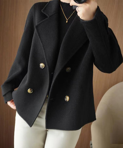 ウールタッチダブルブレストショートコート おしゃれテーラードジャケット 秋冬ショート丈アウター オフィスカジュアル きれいめコンパクトコートきちんと 軽量アウター 6QINGROU-009