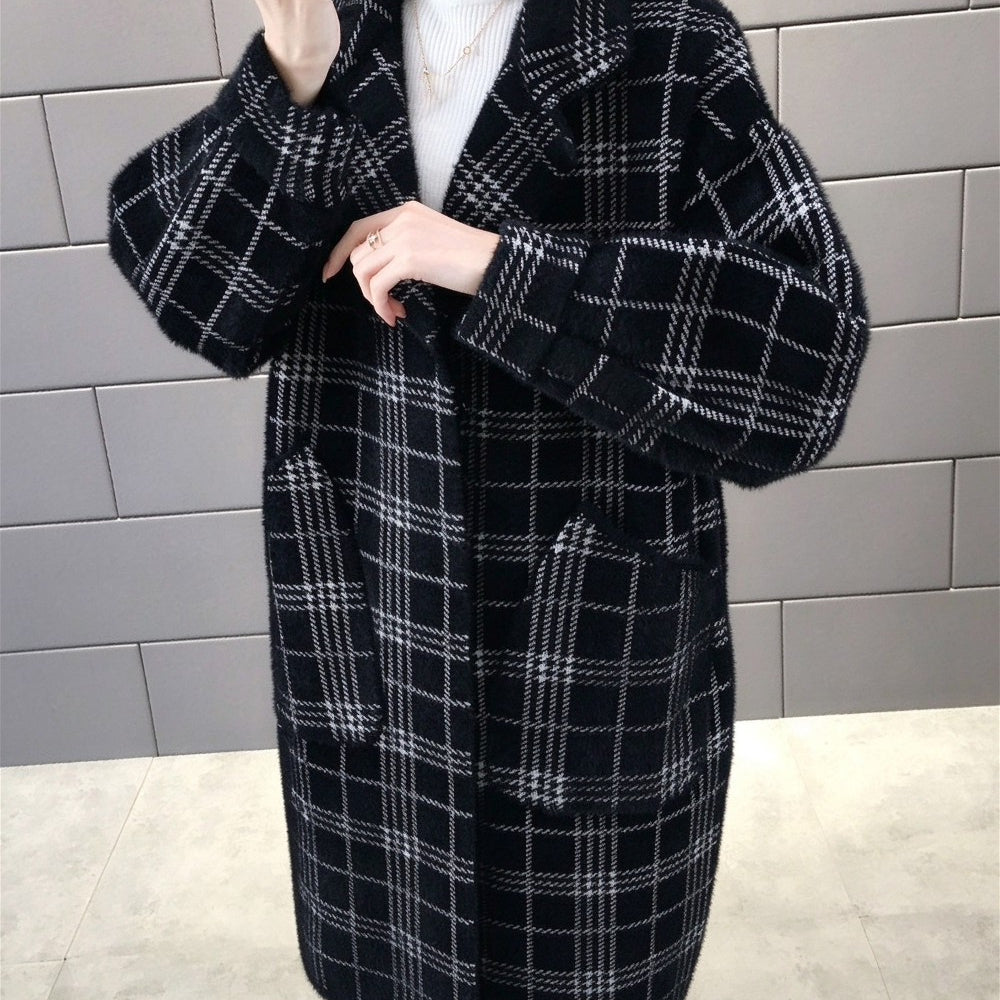 チェック柄シャギーロングチェスターコート ブラック