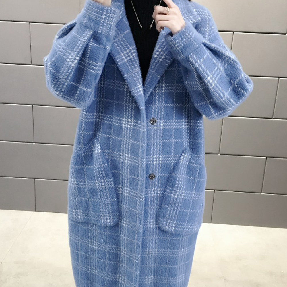 チェック柄シャギーロングチェスターコート ブルー