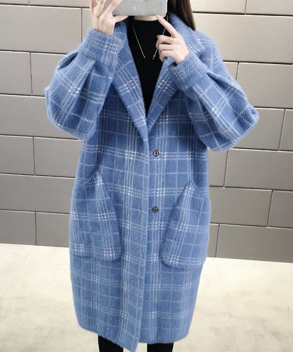 チェック柄シャギーロングチェスターコート ブルー