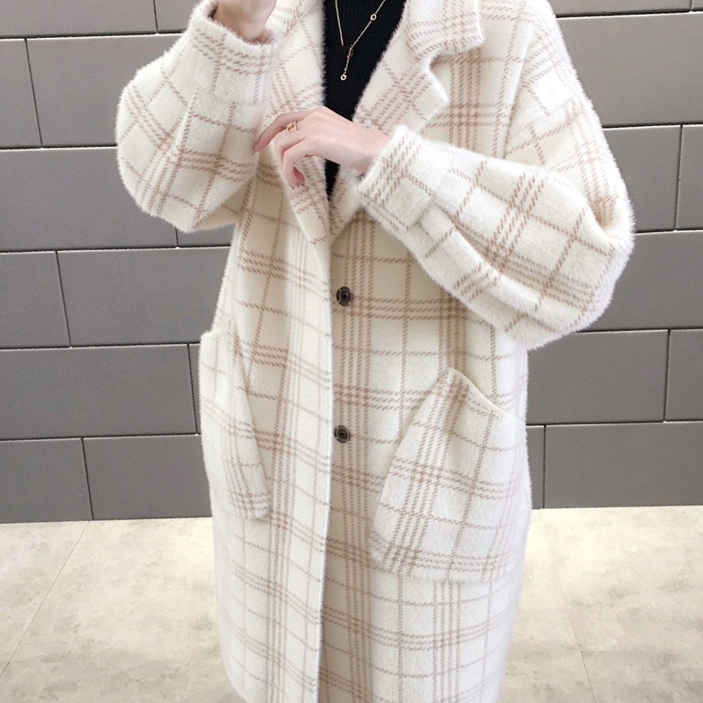 チェック柄シャギーロングチェスターコート アイボリー
