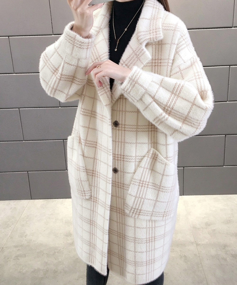 チェック柄シャギーロングチェスターコート アイボリー
