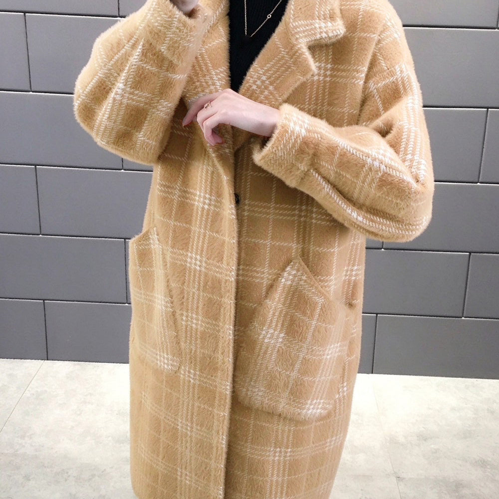 チェック柄シャギーロングチェスターコート キャメル