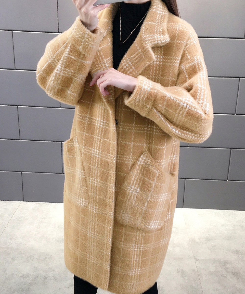 チェック柄シャギーロングチェスターコート キャメル