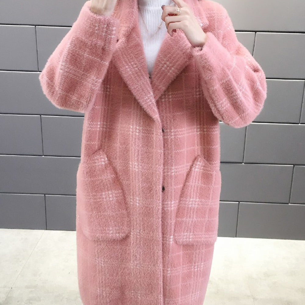 チェック柄シャギーロングチェスターコート ピンク