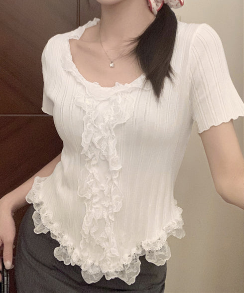 レースフリルニットトップスショート丈夏服 サマーニットレディース ラッフルレースニットソー 甘めコーデ お洒落 コンパクト タイトニット 半袖ニットTシャツ韓国風 6SENZHU-001
