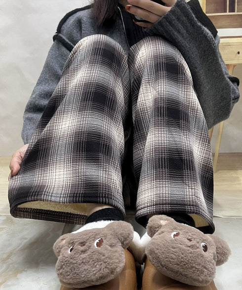 裏起毛チェック柄パンツ 裏ボアパンツ防寒 ロングパンツ レディース ハイウエスト あったか ボトムス カジュアル ストレートパンツ 厚手リラックスパンツ 秋冬美脚 6SHANXU-001