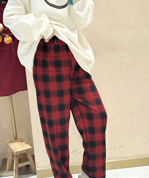 裏起毛チェック柄パンツ 裏ボアパンツ防寒 ロングパンツ レディース ハイウエスト あったか ボトムス カジュアル ストレートパンツ 厚手リラックスパンツ 秋冬美脚 6SHANXU-001