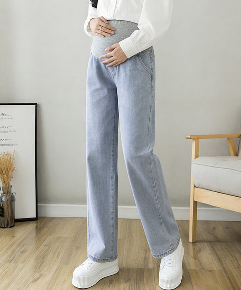 マタニティズボン デニムセミワイドパンツ マタニティウェア 産前産後 お腹楽ちん ジーンズ ウエスト調節デニムパンツ お腹カバー ストレートパンツ アジャスター付 6TAOMI-001