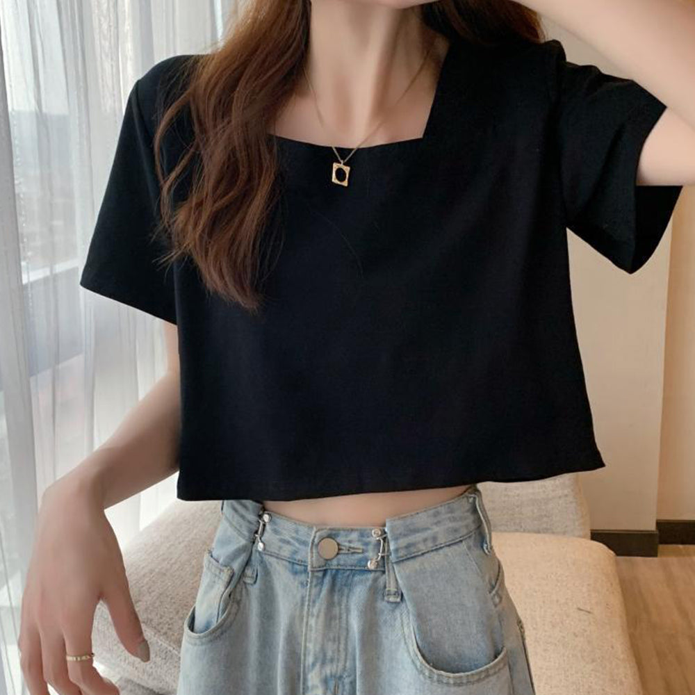ショート丈Tシャツ レディース 半袖韓国 ブラック