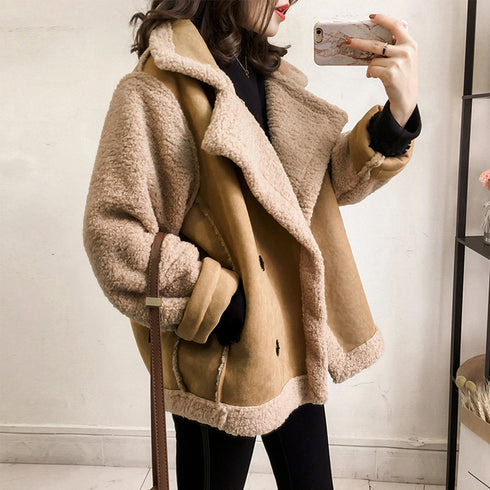 切替ムートンジャケット 韓国風 冬物 レディース 裏起毛ジャンパー 厚手 フリースブルゾン もこもこ ボアコート 暖かい フェイクムートン アウター冬 羽織 6XINANYT-010