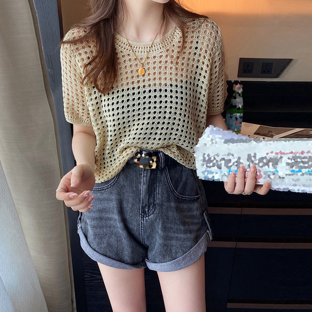 メッシュサマーニット レディース半袖夏服 ベージュ