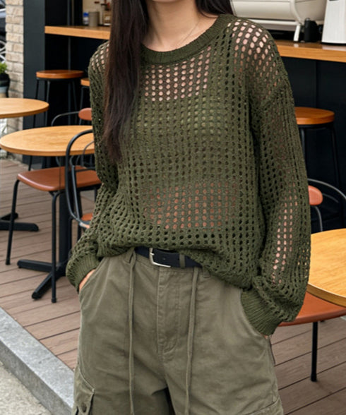 メッシュニット 透かし編みトップス 長袖 おしゃれサマーニット ゆったり レディース ニットブラウス プルオーバー韓国 重ね着フィッシュネットニット 肌見せ透け感 6XINANYT-030