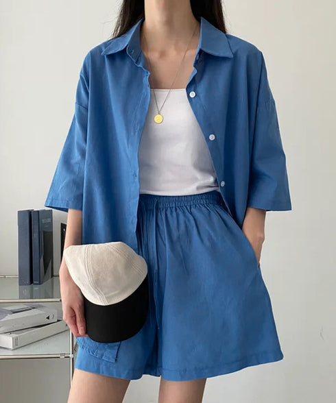 半袖シャツ ショートパンツ セットアップ 大人カジュアルトップス ハイウエストショーパン 脚長見え 薄手夏向け上下セット ゆったり リラックスウェア着やせ 韓国風 6XRL-001