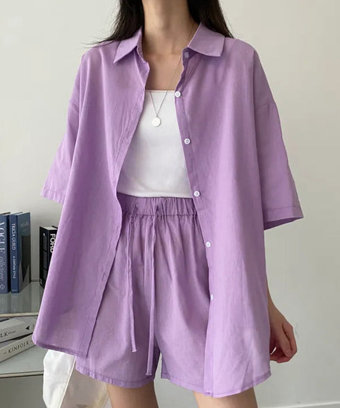 半袖シャツ ショートパンツ セットアップ 大人カジュアルトップス ハイウエストショーパン 脚長見え 薄手夏向け上下セット ゆったり リラックスウェア着やせ 韓国風 6XRL-001