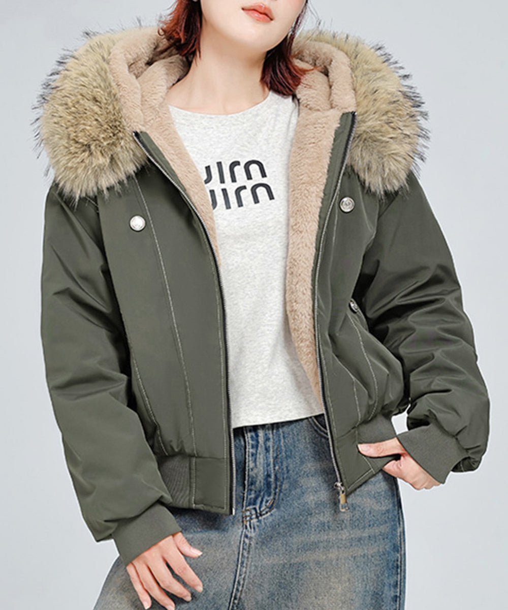 ファーフードジャケット裏ボアブルゾン冬服 カーキ
