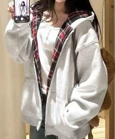 チェック裏地パーカー配色ジップフーディー レディース 韓国風チェックライニングパーカー レイヤード風羽織り 体型カバー 重ね着風ライトアウターカジュアルスウェット 6YANZIFEI-001