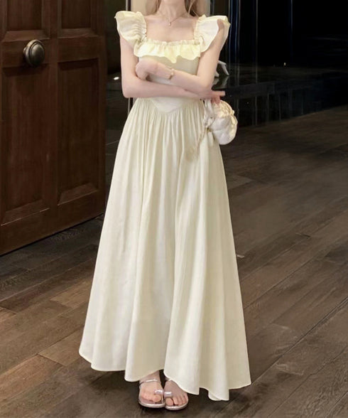 フリル付きワンピース ノースリーブワンピ レディース スクエアネックリゾートワンピース ハイウエストフレアワンピース バックシャーリング 春夏ロングワンピ 韓国風 6YIGUL-007