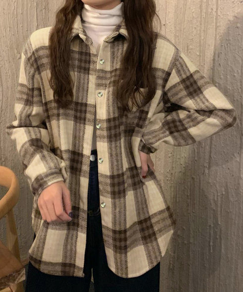 裏起毛チェックシャツジャケット ゆったり レディース レトロ風 厚手シャツカーディガン あったたか長袖軽アウター カジュアル シャツアウター 体型カバー ふわふわ 6YINGXIANG-001