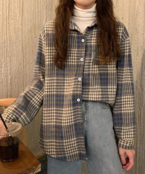 裏起毛チェックシャツジャケット ゆったり レディース レトロ風 厚手シャツカーディガン あったたか長袖軽アウター カジュアル シャツアウター 体型カバー ふわふわ 6YINGXIANG-001