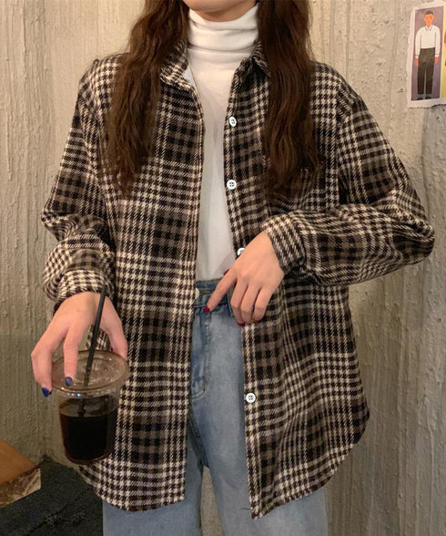 裏起毛チェックシャツジャケット ゆったり レディース レトロ風 厚手シャツカーディガン あったたか長袖軽アウター カジュアル シャツアウター 体型カバー ふわふわ 6YINGXIANG-001