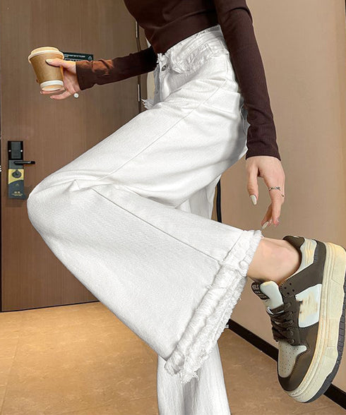 フリンジ デニムパンツ ハイウエスト美脚 レディース ストレートパンツ ゆったりセミワイドパンツ 韓国風ジーンズ 脚長ロングパンツ 着やせジーパン オールジーンズ 6YISHANG-001
