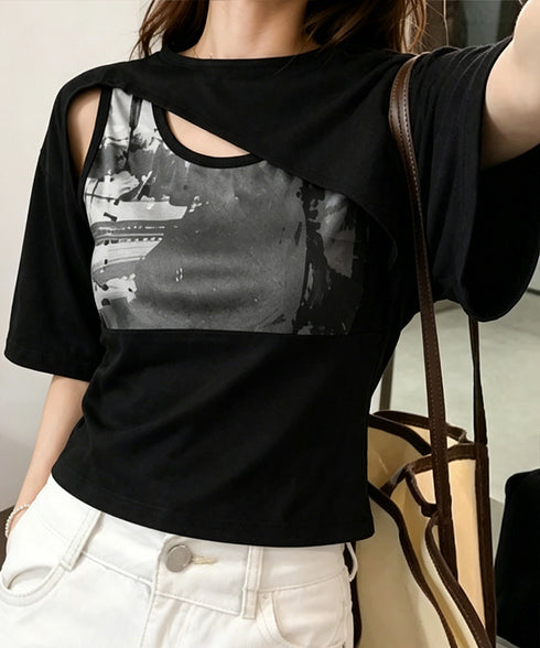 レイヤードタンク付きTシャツカットアウト アシンメトリーTシャツ タンクトップ2点セット レディース Y2Kレイヤードトップスクロップド丈 半袖カットソー 韓国風 6YIXIU-001