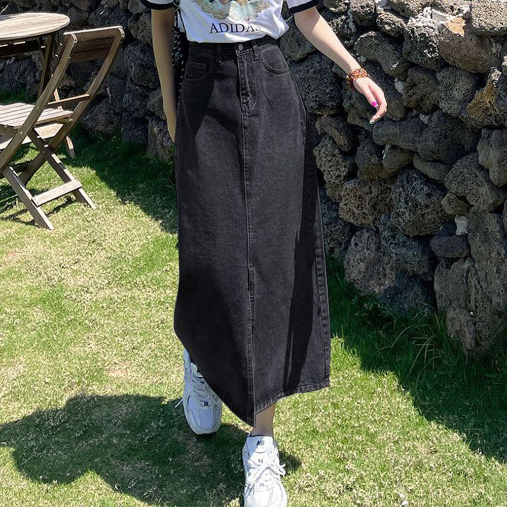 デニムスカート スリット タイトスカート チャコールブラック