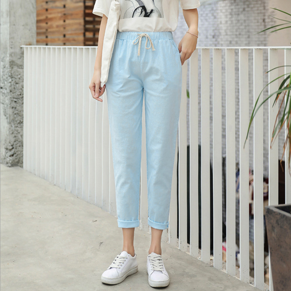 綿麻パンツ ストレートパンツ レディース 薄ブルー