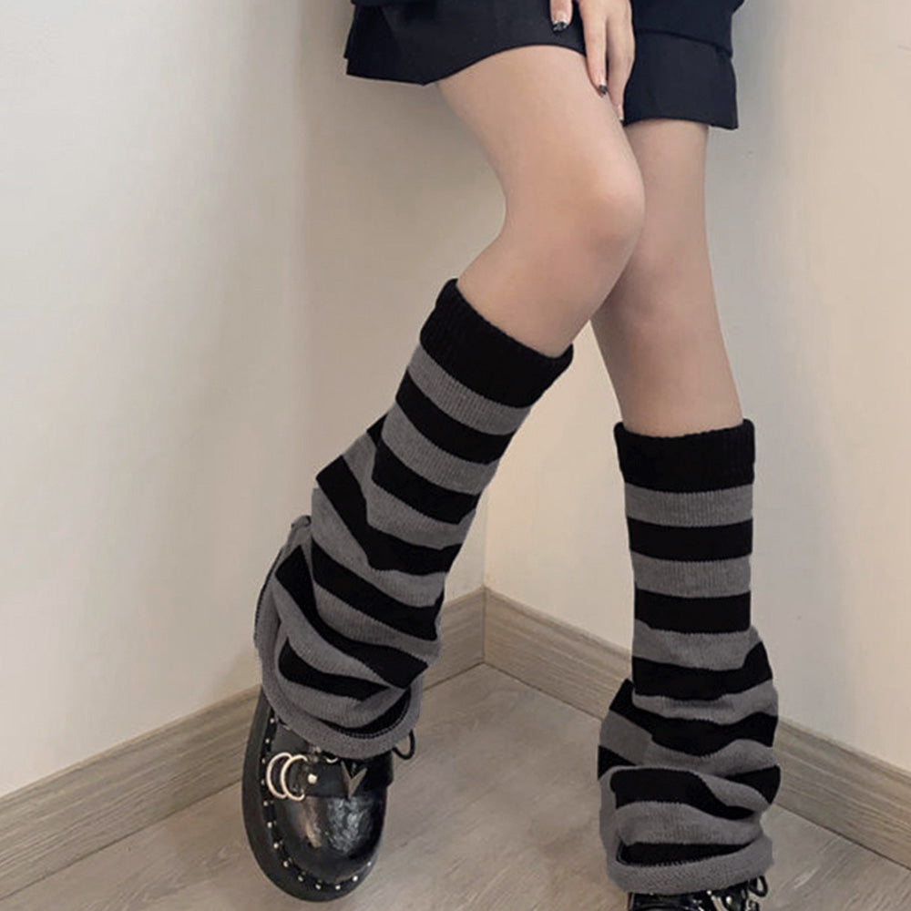 ボーダー柄 ニットレッグウォーマー 美脚 ブラック*グレー