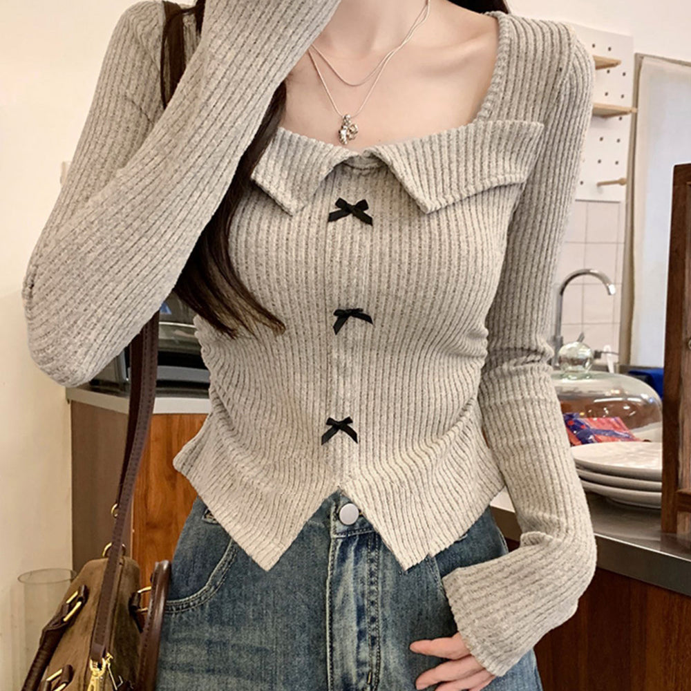 リボンニットトップス スクエアネック秋服 グレイッシュベージュ