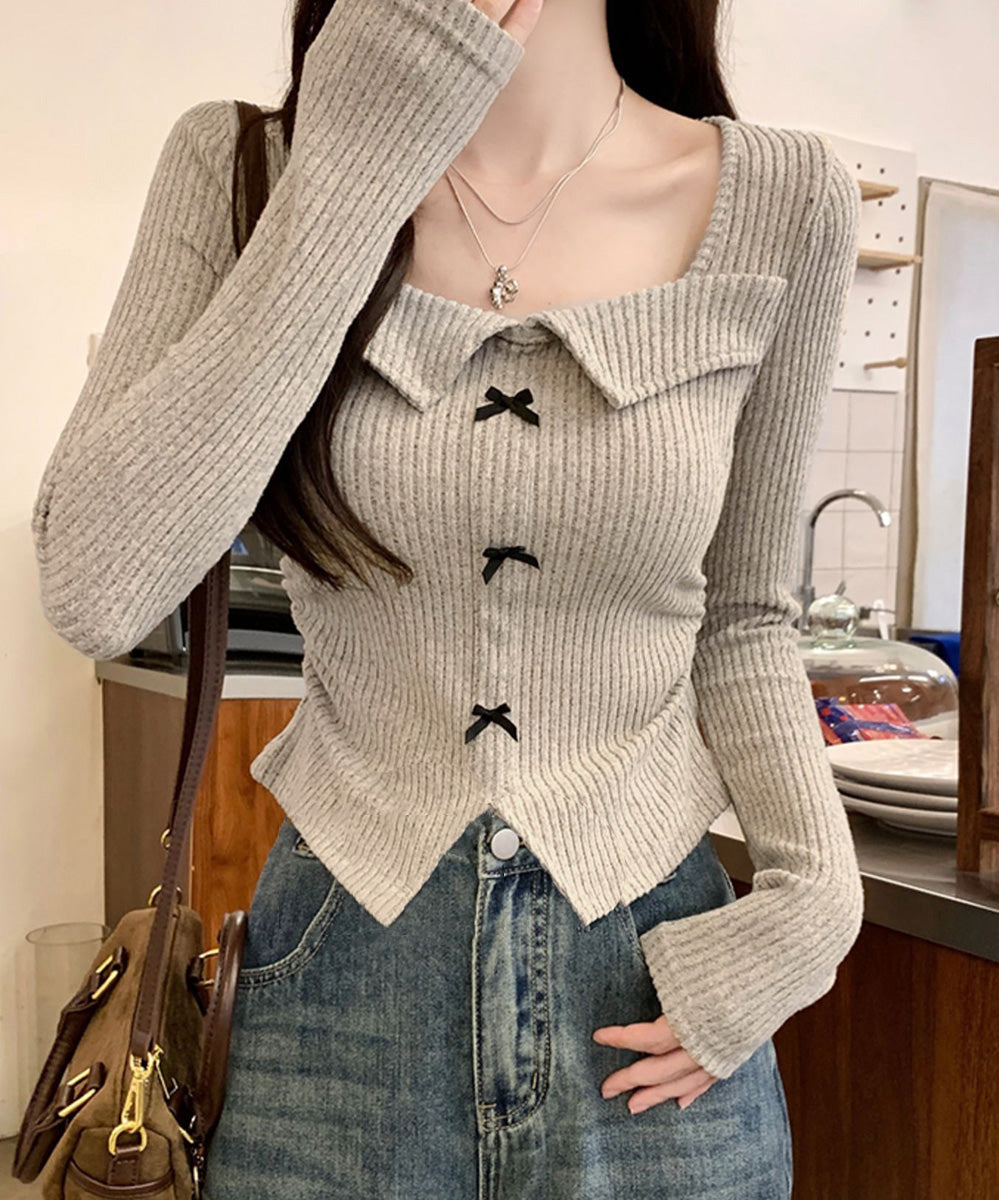 リボンニットトップス スクエアネック秋服 グレイッシュベージュ