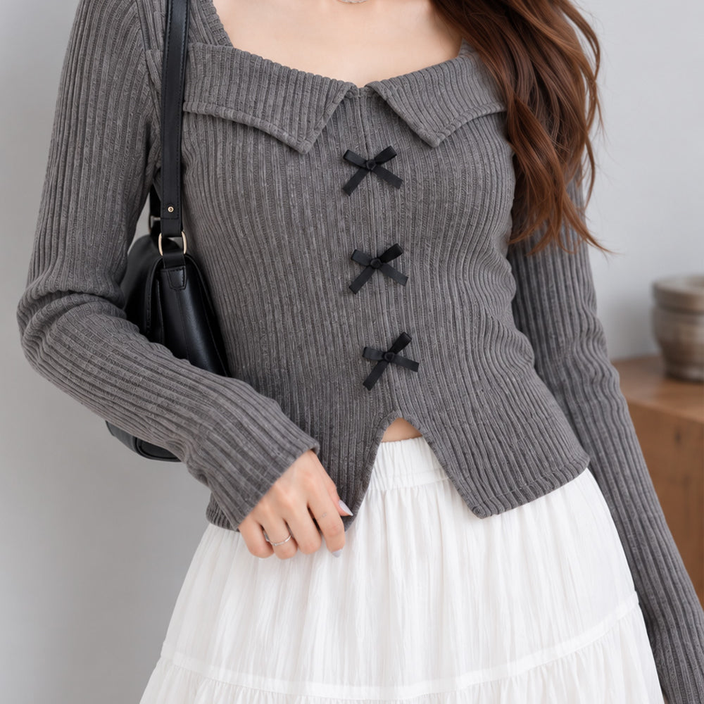 リボンニットトップス スクエアネック秋服 ダークグレー