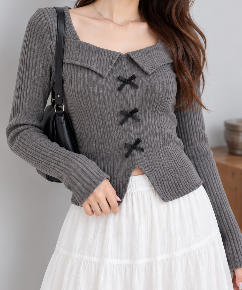 リボンニットトップス スクエアネック秋服 詳細画像42