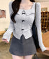 リボンニットトップス スクエアネック秋服 リブニットプルオーバーレディース セクシーニットカットソー フロントスリットニット 柔らかい大人可愛いトップス長袖 秋冬 6YULICHU-001