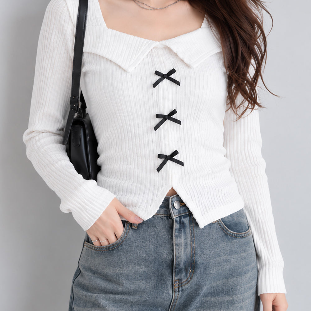 リボンニットトップス スクエアネック秋服 ホワイト