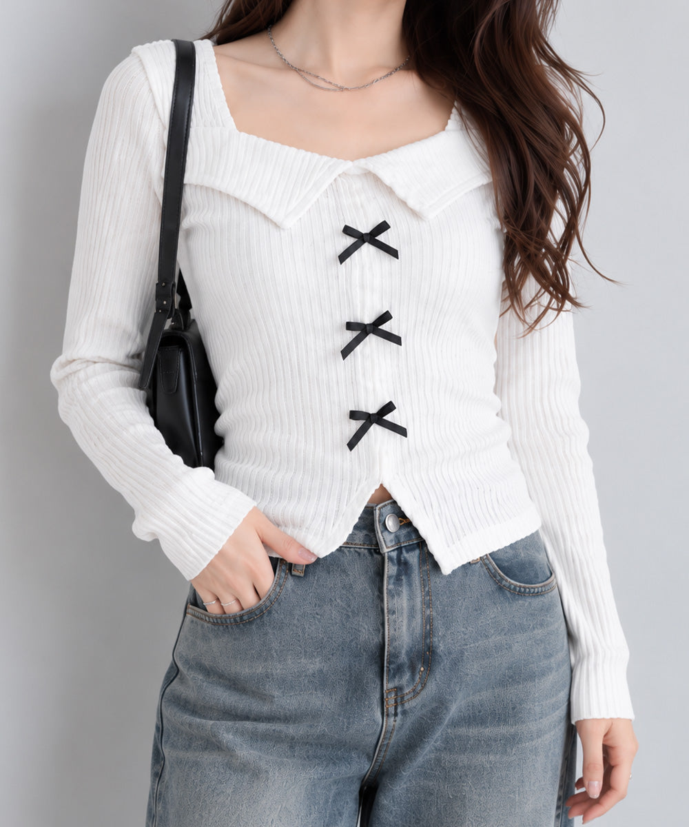 リボンニットトップス スクエアネック秋服 詳細画像43