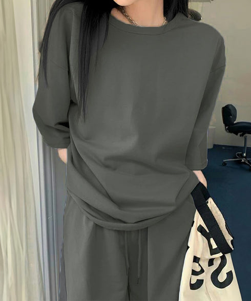 スウェットセットアップ レディース 夏服 スウェットトップス+パンツ 上下2点セット ゆったりプルオーバー 短パン カジュアルルームウェアセット リラックス部屋着 6YYG-001