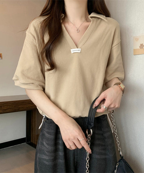 Vネックポロ襟カットソー レディース夏服 半袖ポロシャツ 着やせショート丈カットソー カジュアルスキッパーtシャツ 着回し襟付きトップス 裾ドロストTシャツ韓国風 6YYG-002