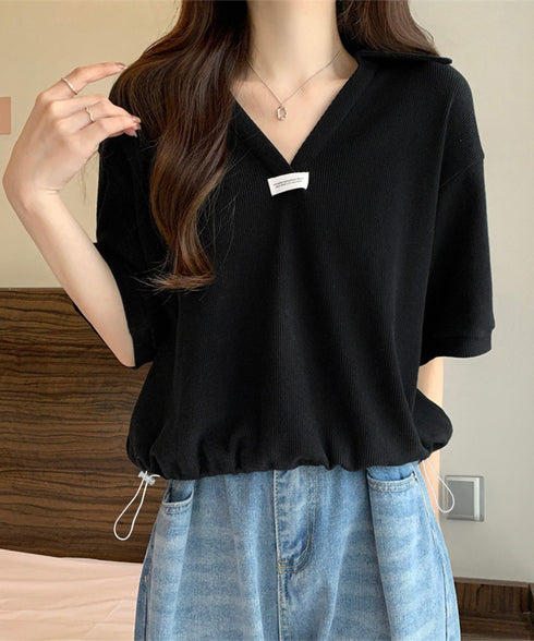 Vネックポロ襟カットソー レディース夏服 半袖ポロシャツ 着やせショート丈カットソー カジュアルスキッパーtシャツ 着回し襟付きトップス 裾ドロストTシャツ韓国風 6YYG-002
