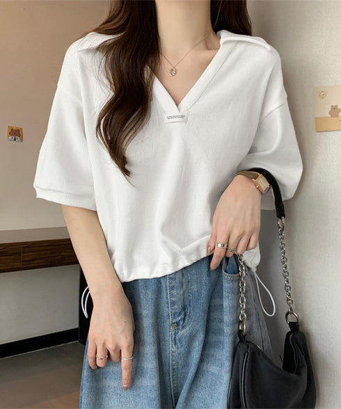 Vネックポロ襟カットソー レディース夏服 半袖ポロシャツ 着やせショート丈カットソー カジュアルスキッパーtシャツ 着回し襟付きトップス 裾ドロストTシャツ韓国風 6YYG-002
