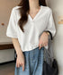 Vネックポロ襟カットソー レディース夏服 半袖ポロシャツ 着やせショート丈カットソー カジュアルスキッパーtシャツ 着回し襟付きトップス 裾ドロストTシャツ韓国風 6YYG-002