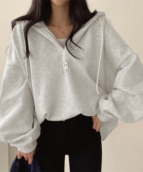 パーカー フード付きVネックプルオーバー レディース ゆったり BF風フーディー ボリューム袖 トレーナー ビッグシルエット スウェット カジュアル ロゴトップス 6YYG-004