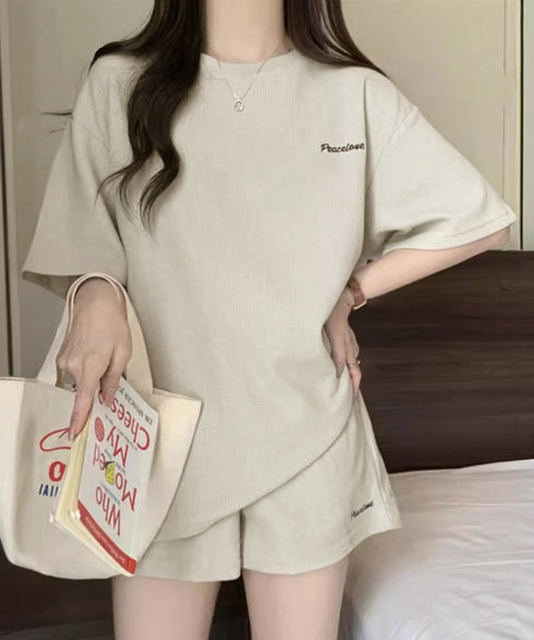 半袖tシャツ ショートパンツセットアップ レディース ワッフル部屋着2点セット 体型カバー夏服着やせ 大人カジュアルスウェットセット ロゴカットソー 短パン 快適 6YYG-006